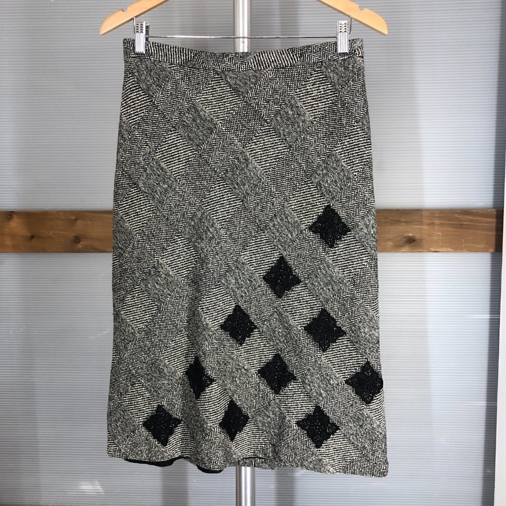 VTG Francesca Mammoliti Wool Herringbone Tweed‎ Lace Diagonal Midi Skirt Sz M